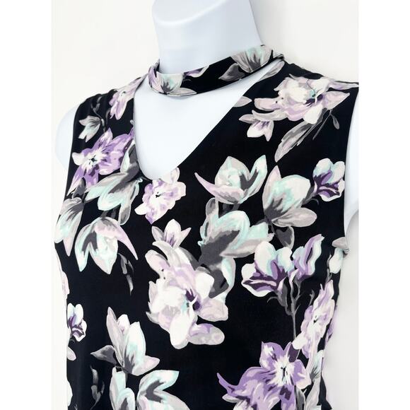White House Black Market Black Teal Purple Floral Sleeveless Keyhole Top Size XL - Picture 2 of 7